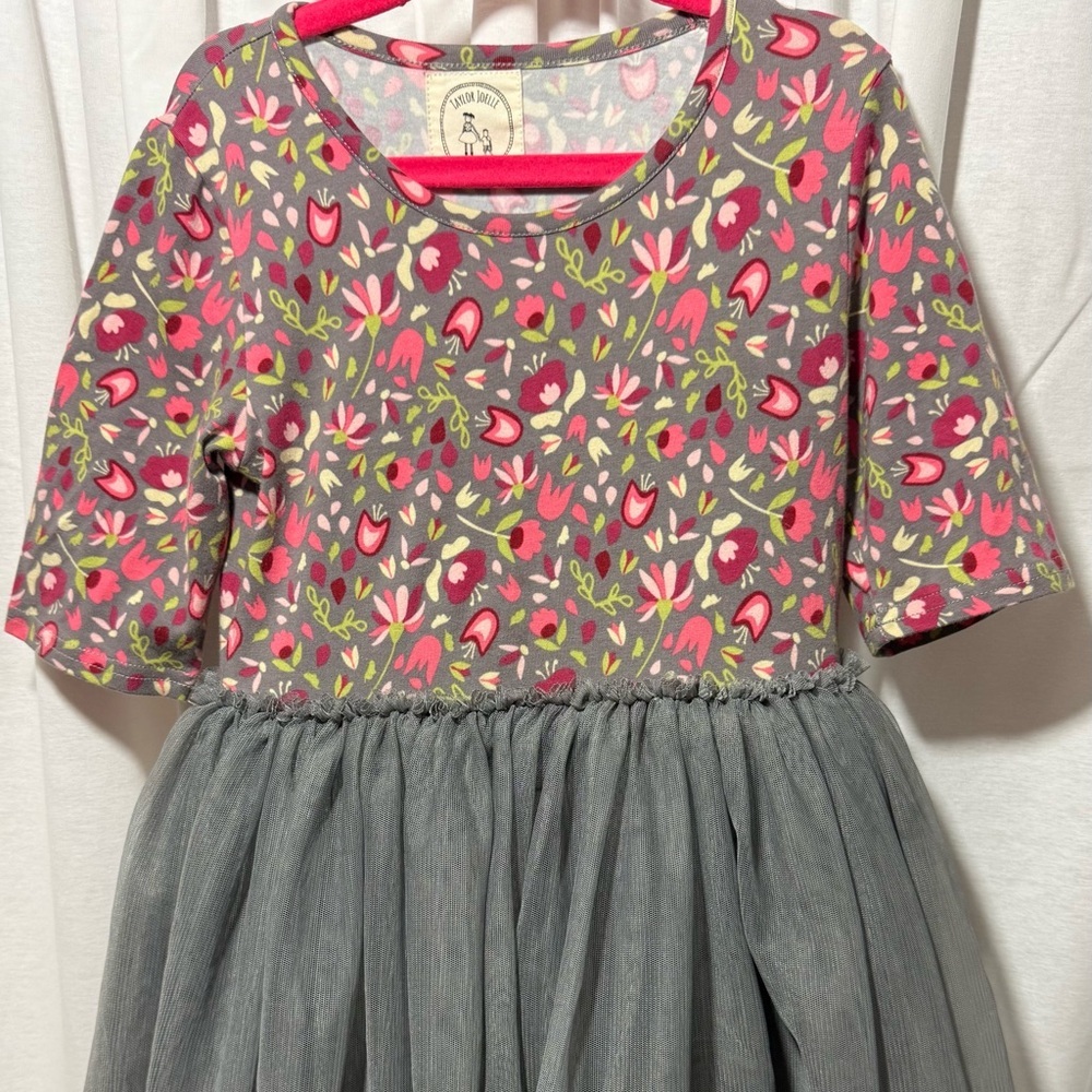 Taylor Joelle Gray & Pink Floral Tulle Dress